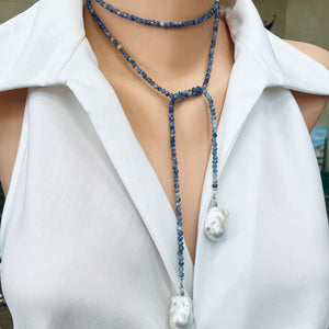 Single Strand of Blue Sodalite Beads & Two Baroque Pearl Lariat Wrap Necklace, 40"inches