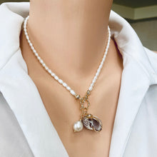 Cargar imagen en el visor de la galería, Real Seashell and Freshwater Pearl Necklace, Baroque Pearl &amp; White Shell Pendant, 16”-19&quot;in
