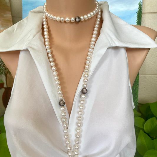 Freshwater pearl necklace on mannequin, 55 inch CZ pave silver sautoir designed and handmade in Canada.