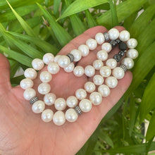 Load image into Gallery viewer, White Pearls Necklace w Zircons Pave Rondelle, Gunmetal Over Sterling Silver, 20&quot;in
