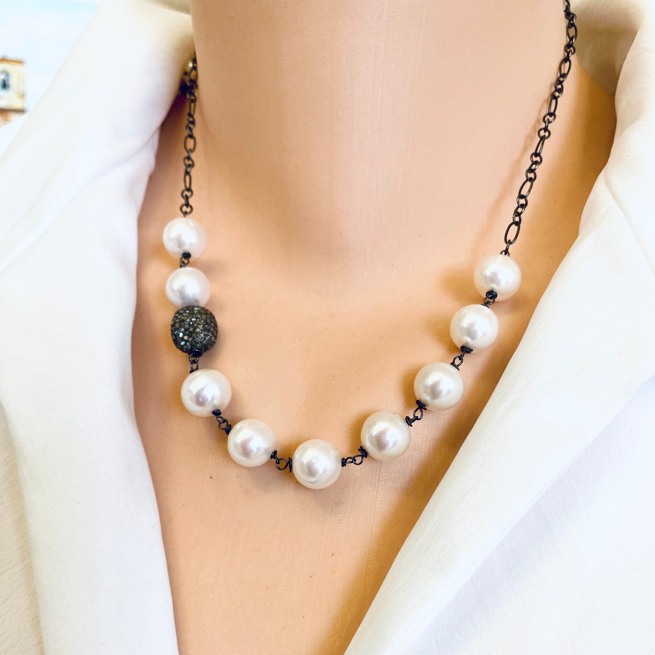 Wire-Wrapped Pearls Necklace, Diamond Pave Oxidized Silver