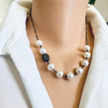 Cargar imagen en el visor de la galería, Wire-Wrapped Pearls Necklace, Diamond Pave Bead, Oxidized &amp; Black Rhodium Plated Silver, 18&quot;+5&quot;in
