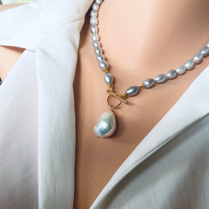 Grey Pearl Toggle Necklace with White Baroque Pearl Pendant, Gold Vermeil Silver Plated Details, 18"inches