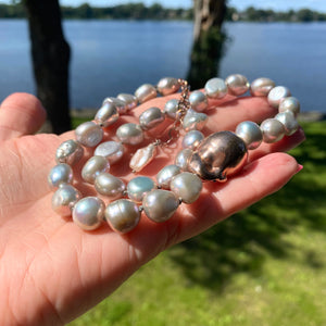 Elegant Hand-Knotted Grey Pearl Necklace with Rose Gold Vermeil Plated Silver Details, 18"inches
