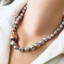 Load image into Gallery viewer, Elegant Hand-Knotted Grey Pearl Necklace with Rose Gold Vermeil Plated Silver Details, 18&quot;inches
