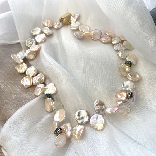 Pink lavender petal pearls choker necklace – a handcrafted piece featuring unique freshwater petal pearls.