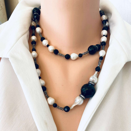 Labradorite Onyx Pearl Long Necklace worn on a mannequin, showcasing its handcrafted design and stunning gemstones.