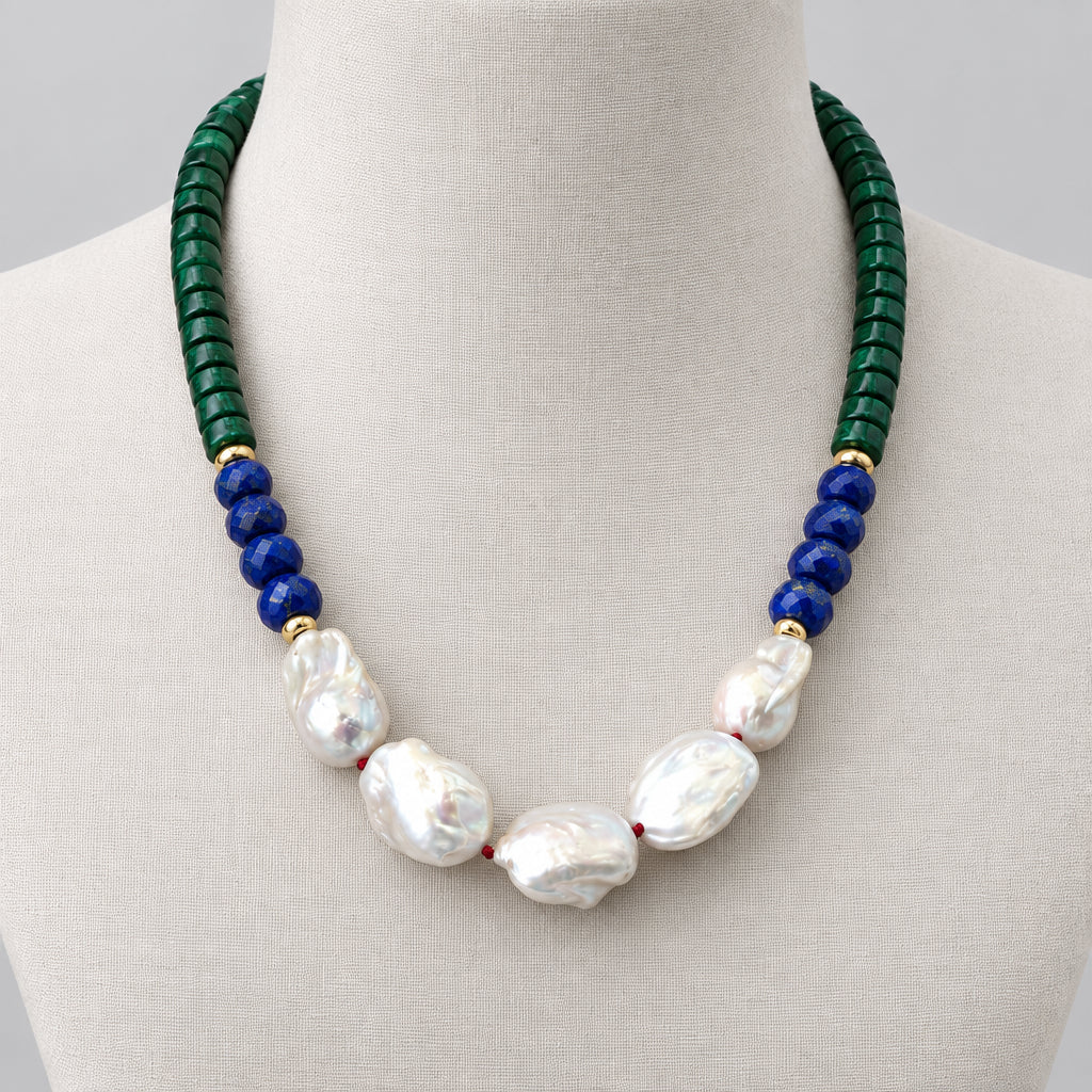 Malachite Lapis Lazuli Baroque Pearl Necklace shown on mannequin, hand-knotted on red silk thread in Canada.