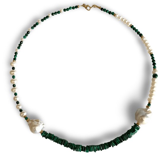 Malachite baroque pearl necklace in 14K gold filled, showcasing unique asymmetric design 
