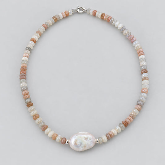 Moonstone and Baroque Pearl Necklace featuring mixed moonstone rondelles and a stunning baroque pearl centerpiece.