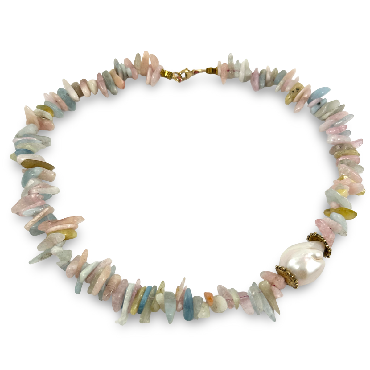 A multicolor stone bead necklace featuring a large white baroque pearl accented by gold-toned hardware, displayed on a clean white background.