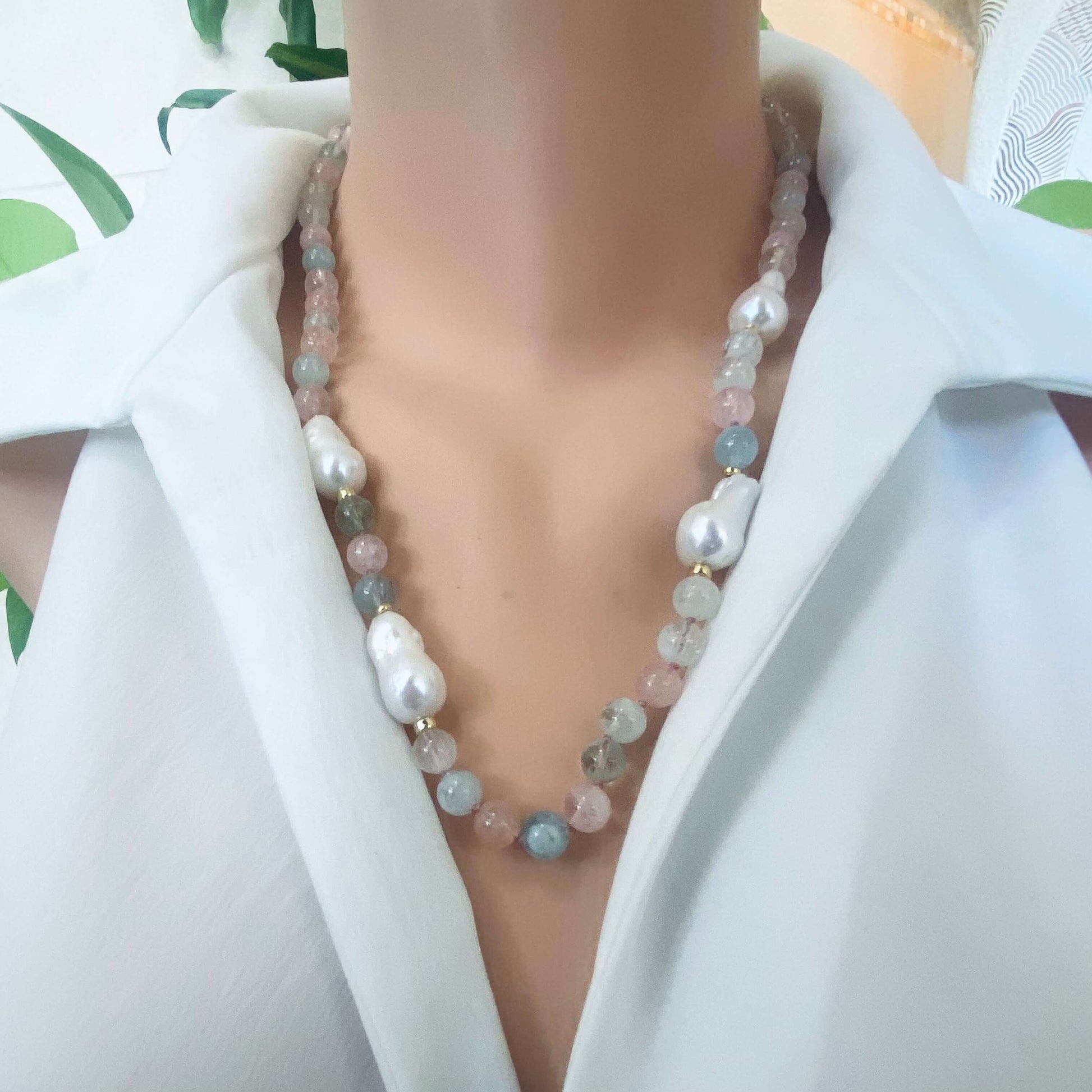 Morganite Aquamarine Pearl Necklace | Handcrafted Statement Design featuring pearls and gemstones.