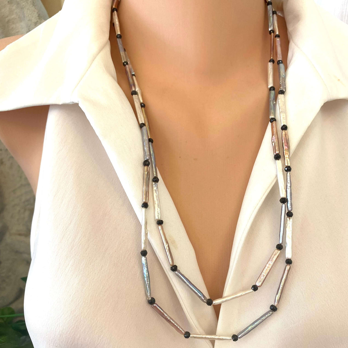 Pastel Stick Pearl Necklace featuring stick pearls and black spinel, showcasing modern elegance and handcrafted design.