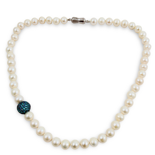 Pearl Necklace with Turquoise CZ Bead 18 inch, magnetic clasp