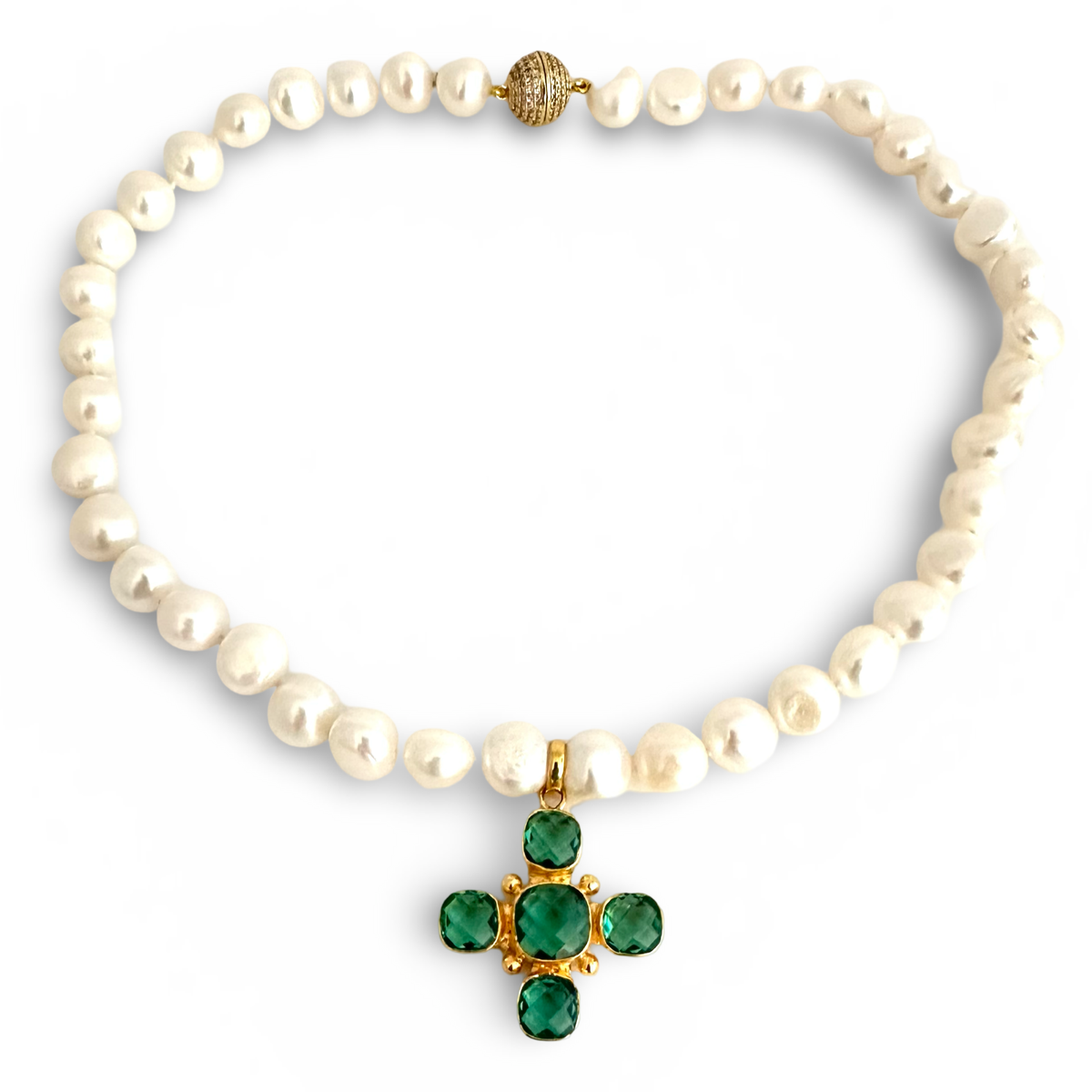 Potato Pearl Necklace with green Cross Pendant quartz 