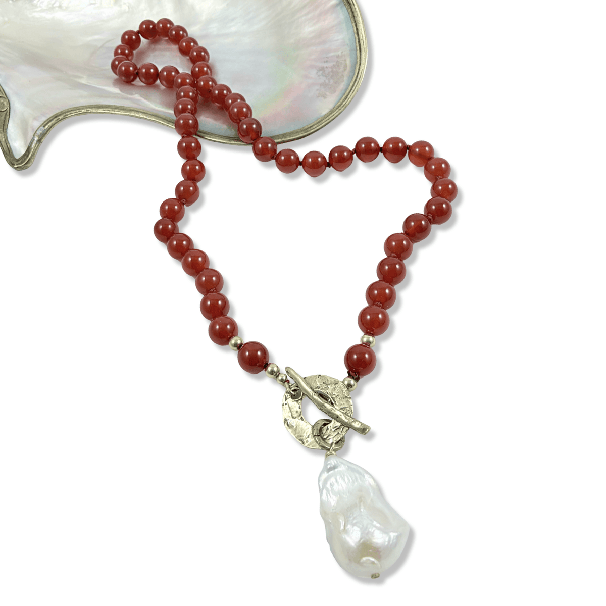 Red Agate Toggle Necklace with Baroque Pearl Pendant