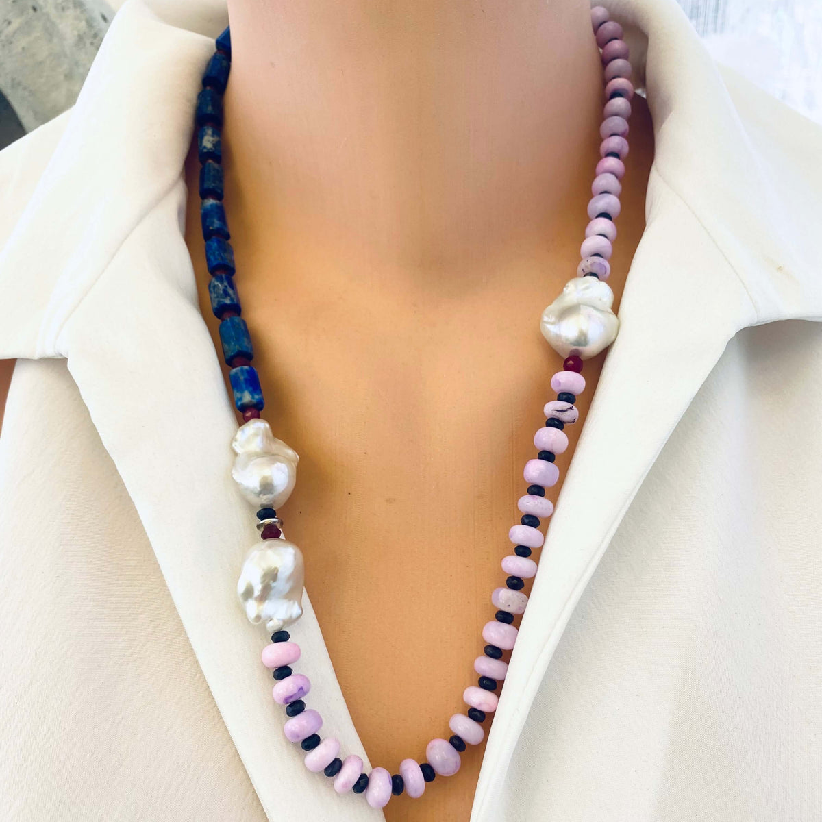 Lapis lazuli opal agate pearl necklace on mannequin — front view of handcrafted gemstone and baroque pearl jewelry by Loulia Pearl Jewelry
