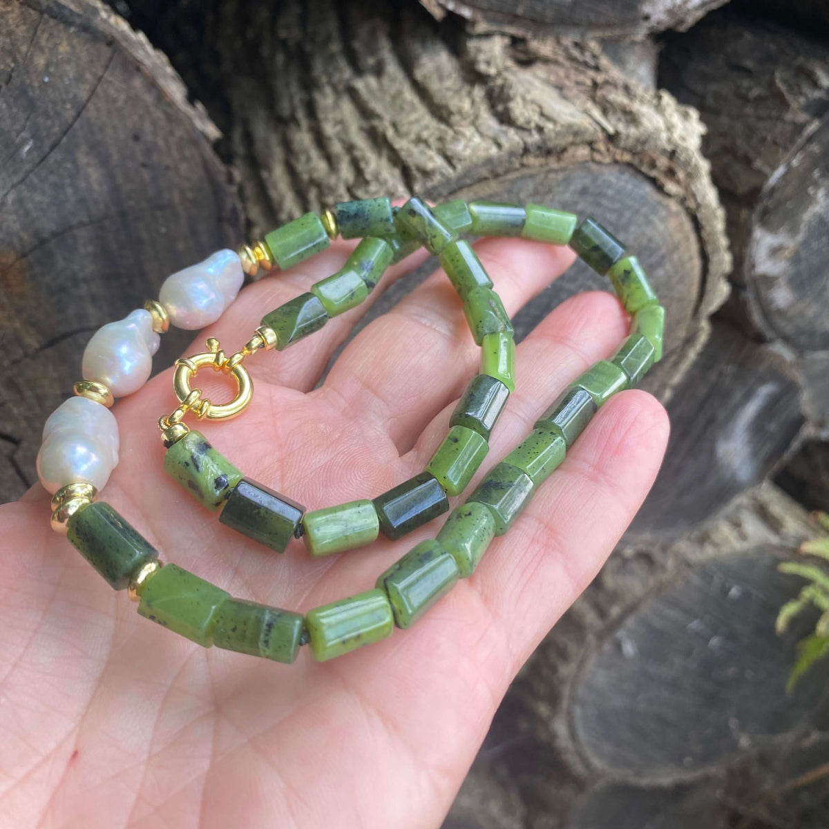 Canadian jade pearl necklace showing natural green jade tones and pearl details