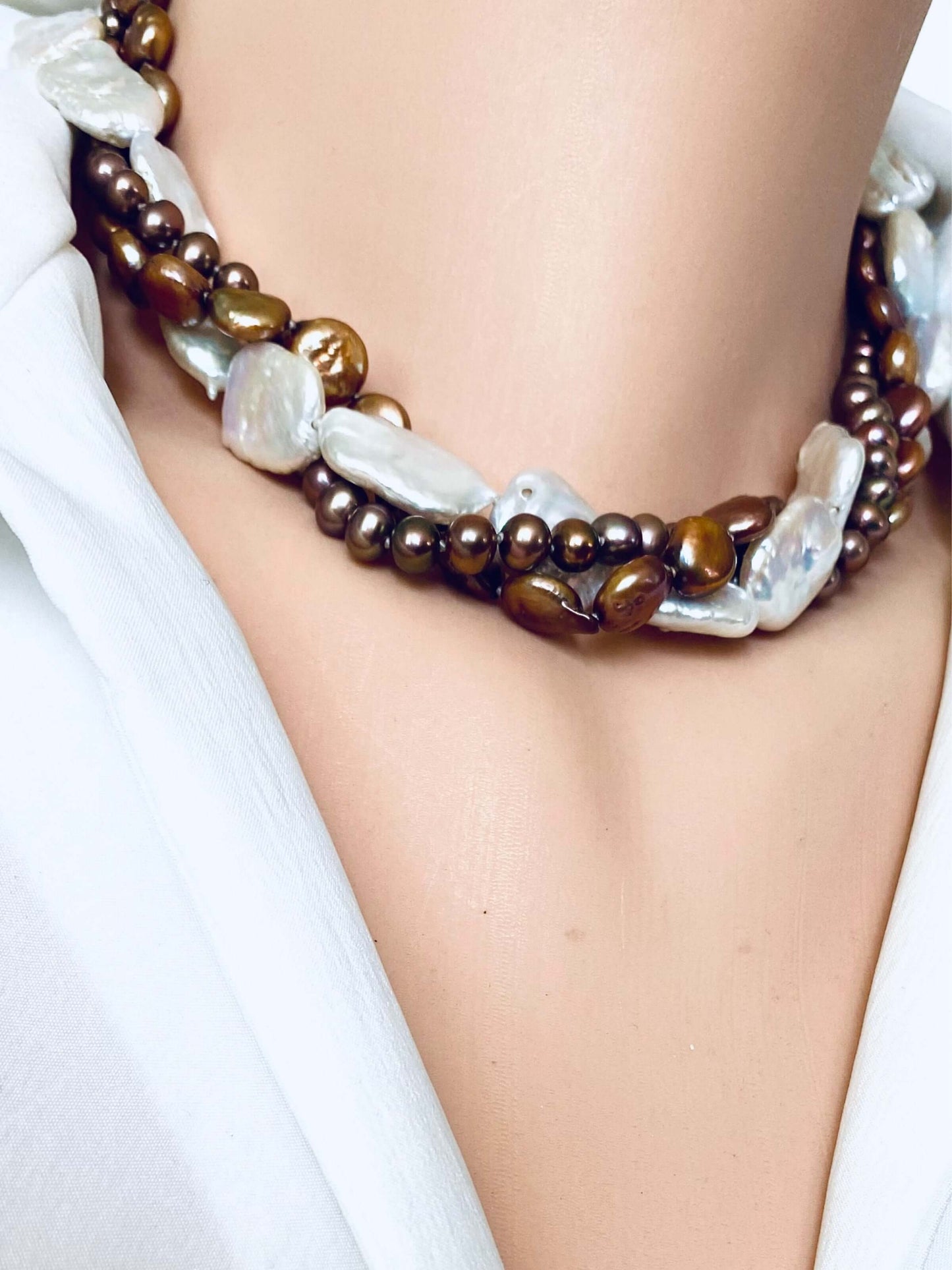 Twisted Pearl Choker, Mixed White Baroque & Bronze Pearl Necklace 17"