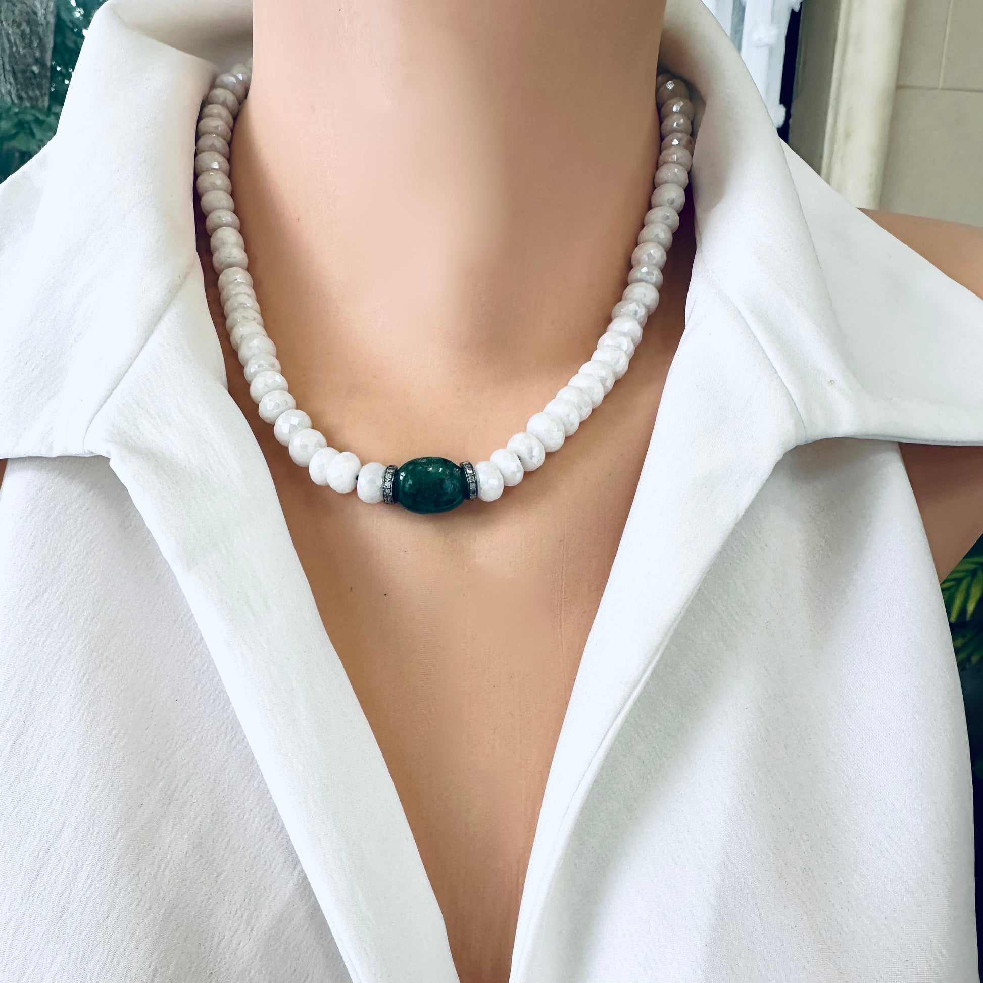 Emerald diamond choker necklace close up showing emerald barrel bead and silverite gemstones