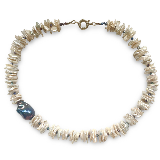 White Cornflake Pearl Necklace with Black Baroque Pearl on the side