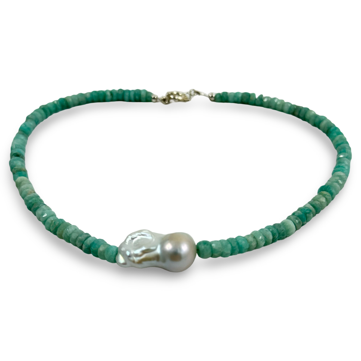 faceted amazonite and white baroque pearl necklace, 16.5inches