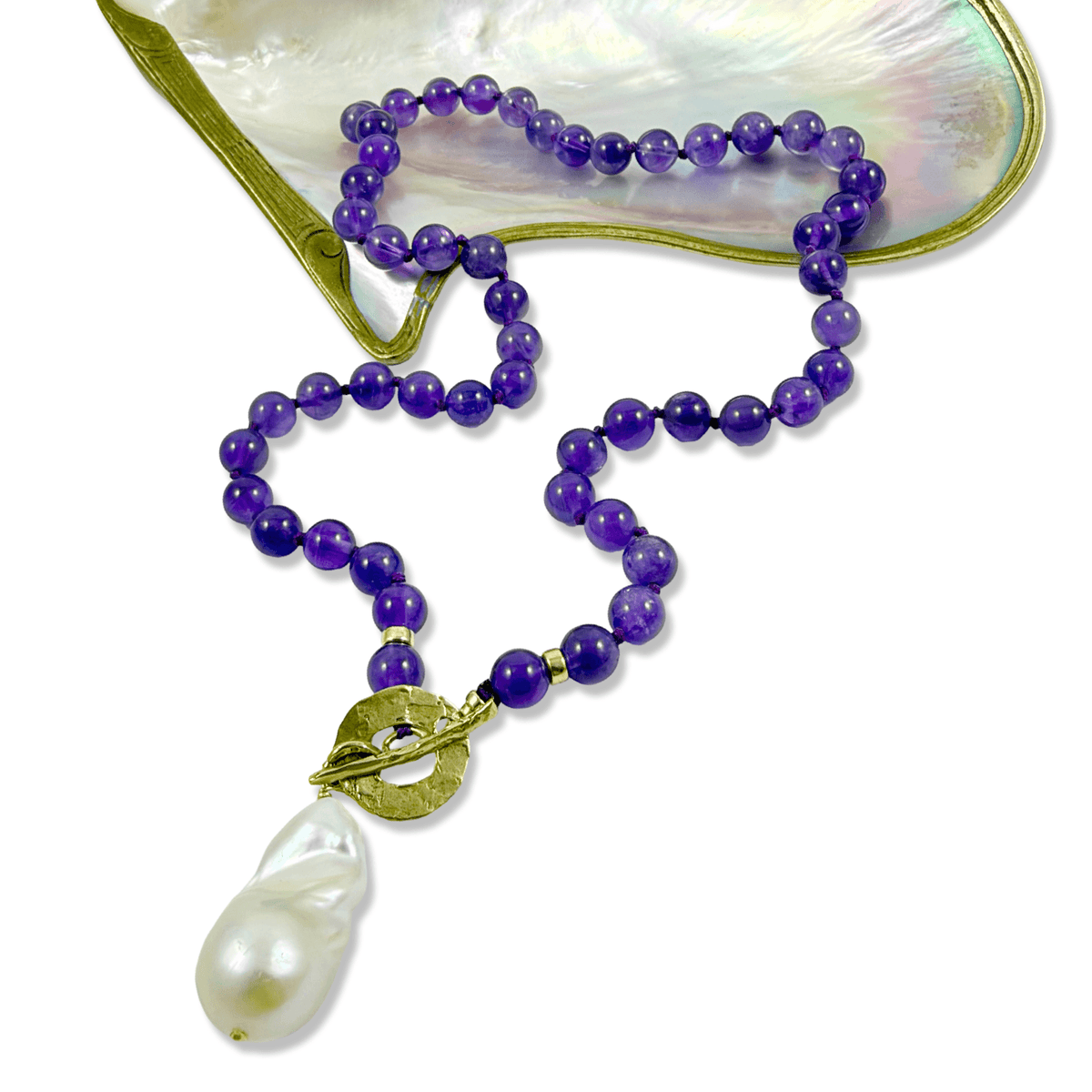 amethyst bronze toggle necklace with baroque pearl pendant
