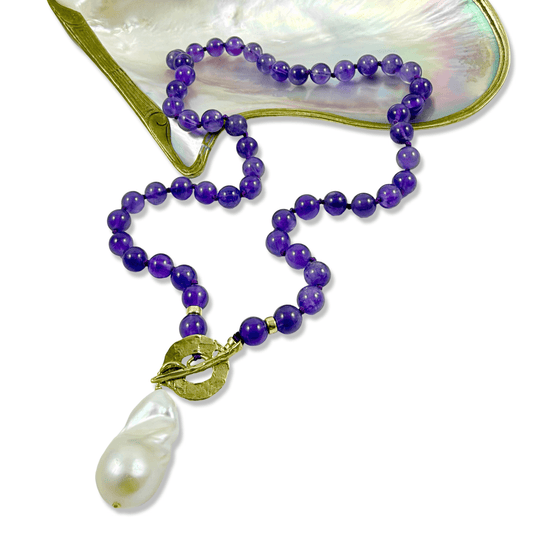 amethyst bronze toggle necklace with baroque pearl pendant