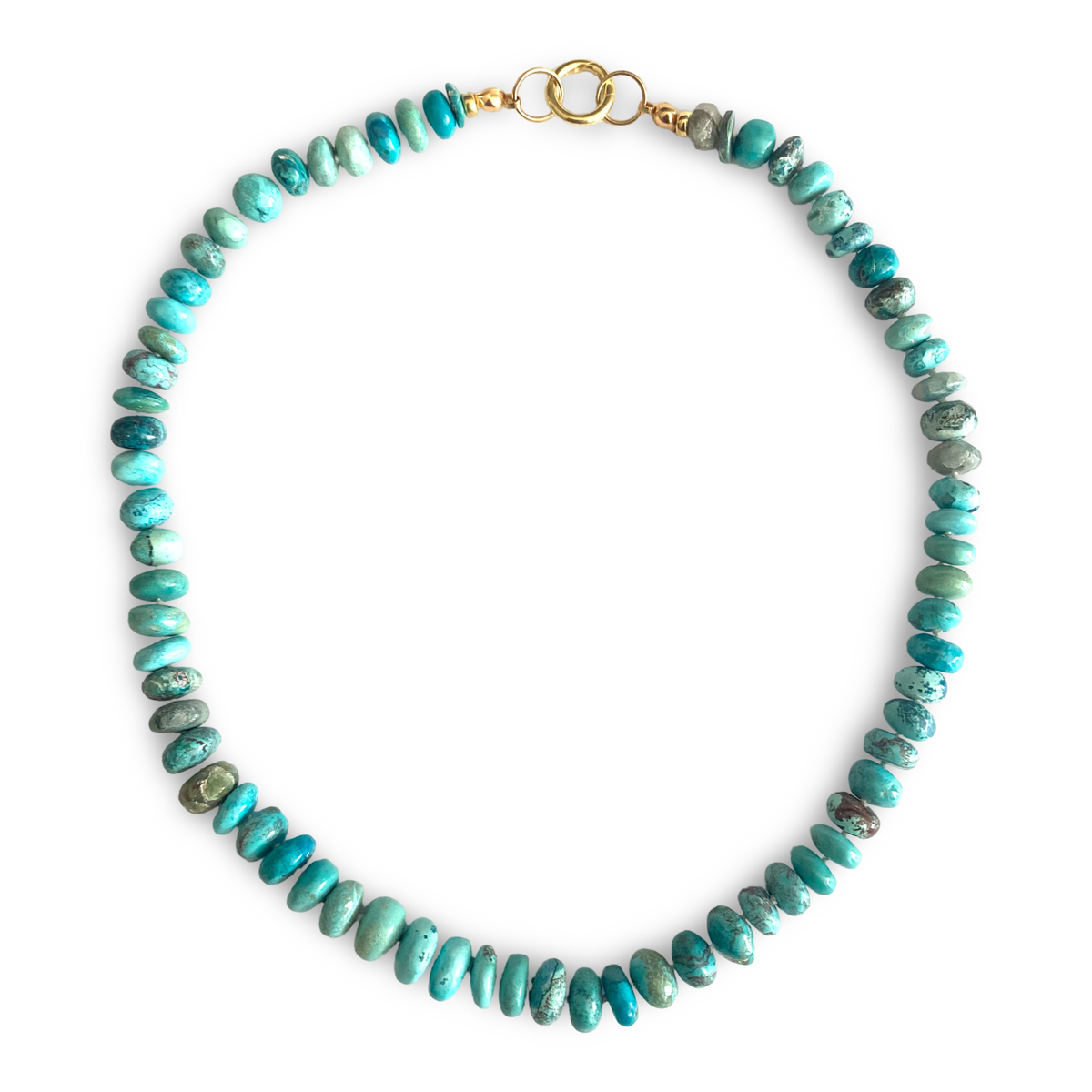 hand knotted necklace made of irregular turquoise-blue and green marbled beads, finished with a gold clasp, shown on a plain white background.