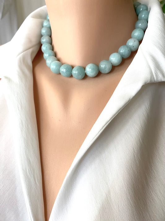 baby blue amazonite necklace on a bust