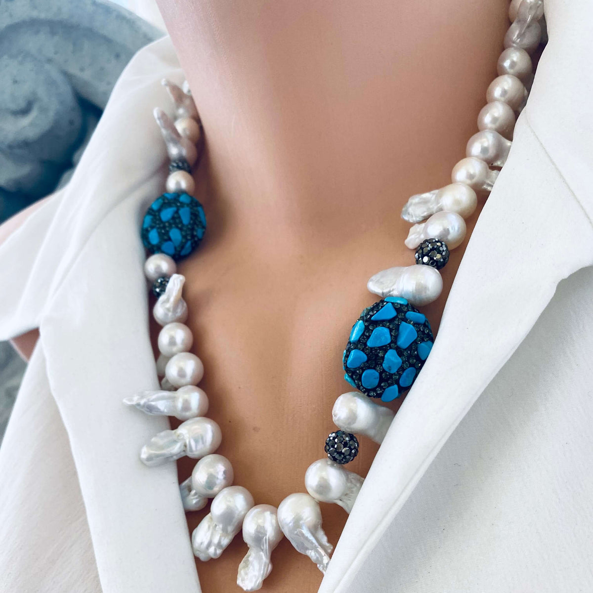 Baroque pearl jellyfish necklace side view on mannequin handmade in Canada