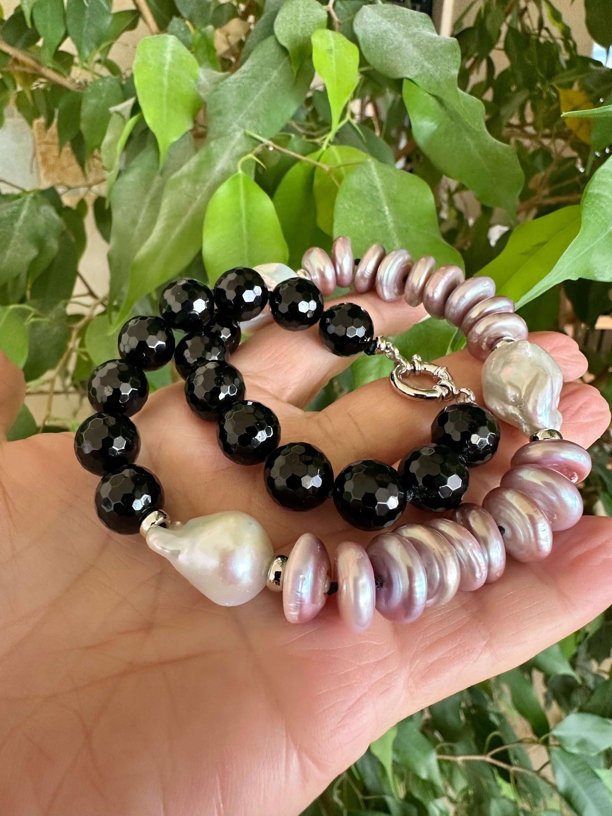 Black tourmaline and baroque pearl necklace with purple pink accents and rhodium clasp