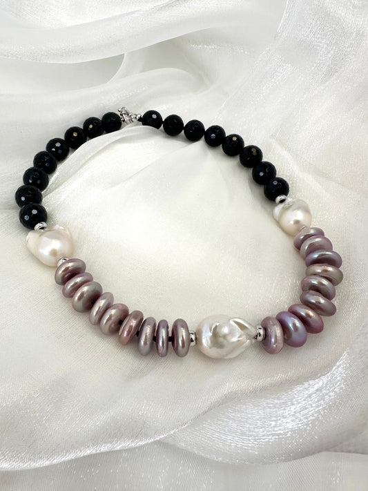 Baroque pearl necklace with black tourmaline and purple pink coin pearls, 17 inch length