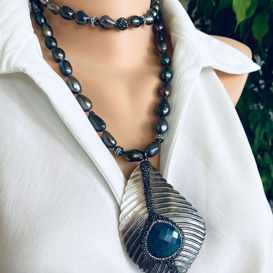 LIVE #80 - Long Peacock Black Pearl Necklace w/ Abalone Agate Pendant showcased on mannequin, highlighting its unique design and colors.