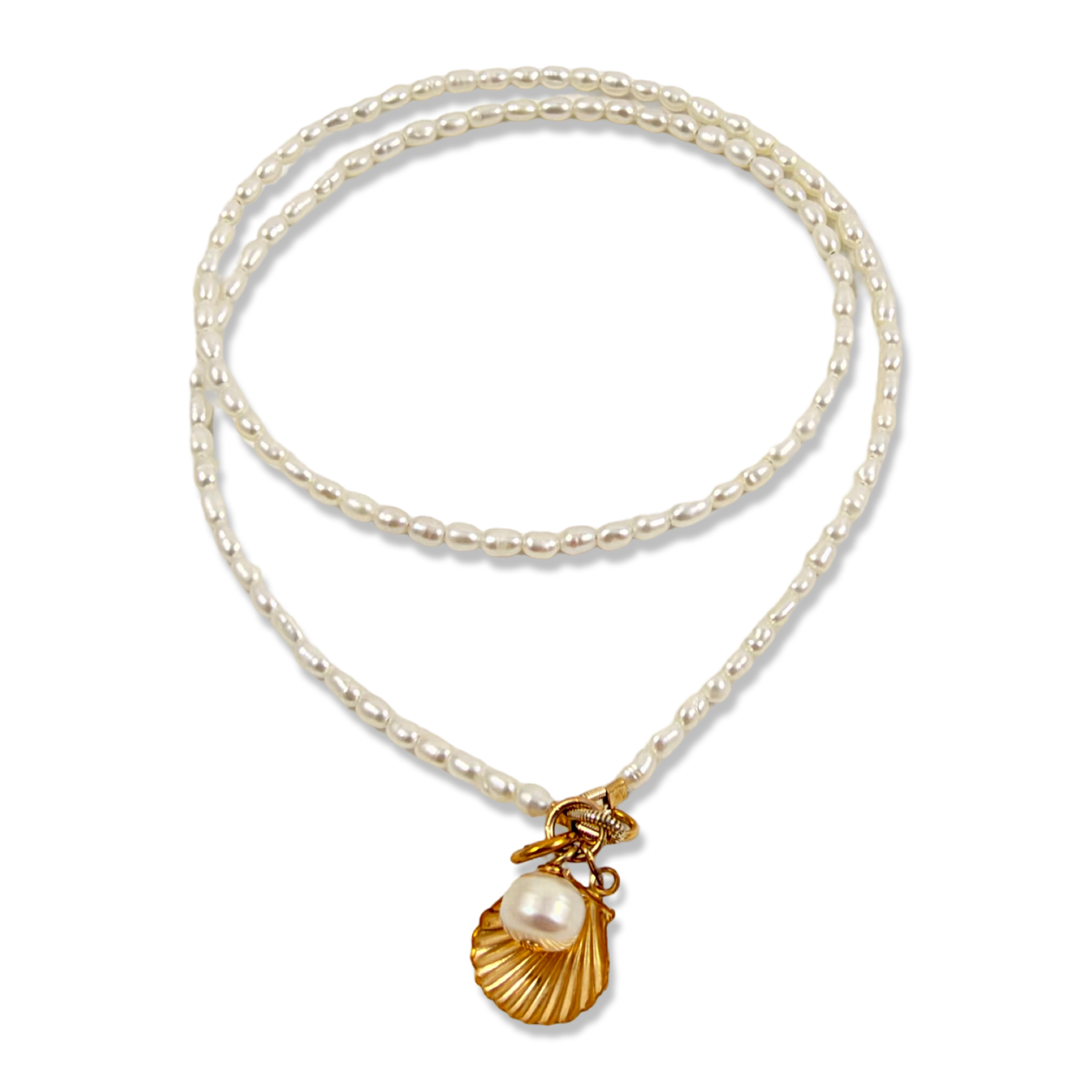 delicate Pearl necklace with sea shell charm in 14k gold filled