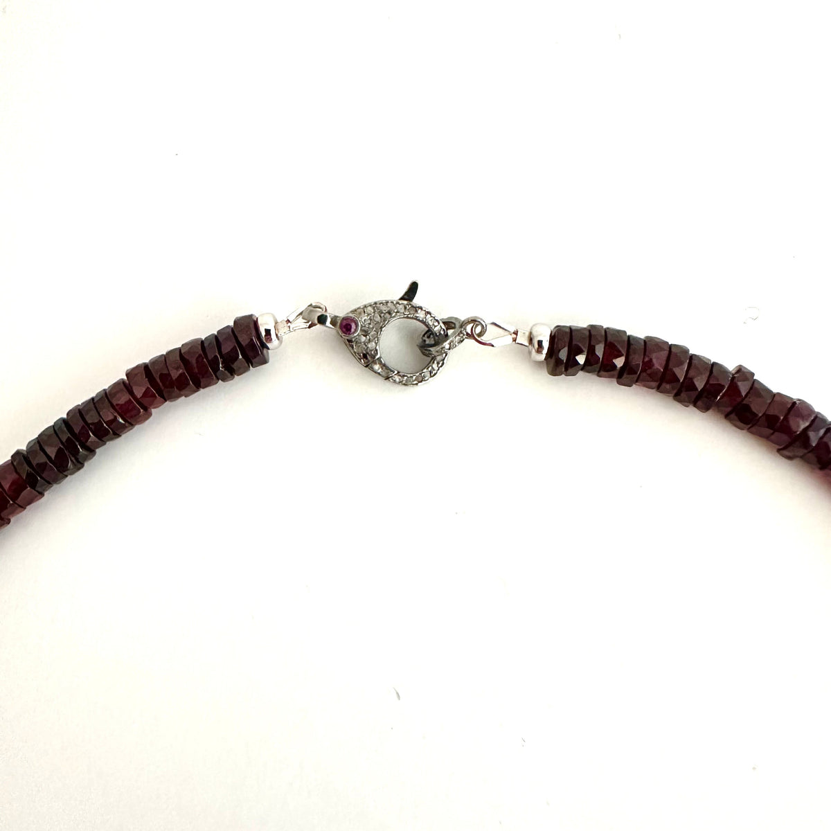diamond pave oxidized silver lobster clasp with ruby
