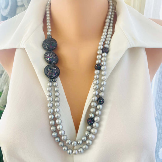Front view of Grey Pearl Necklace featuring layered freshwater pearls with gunmetal and CZ details.