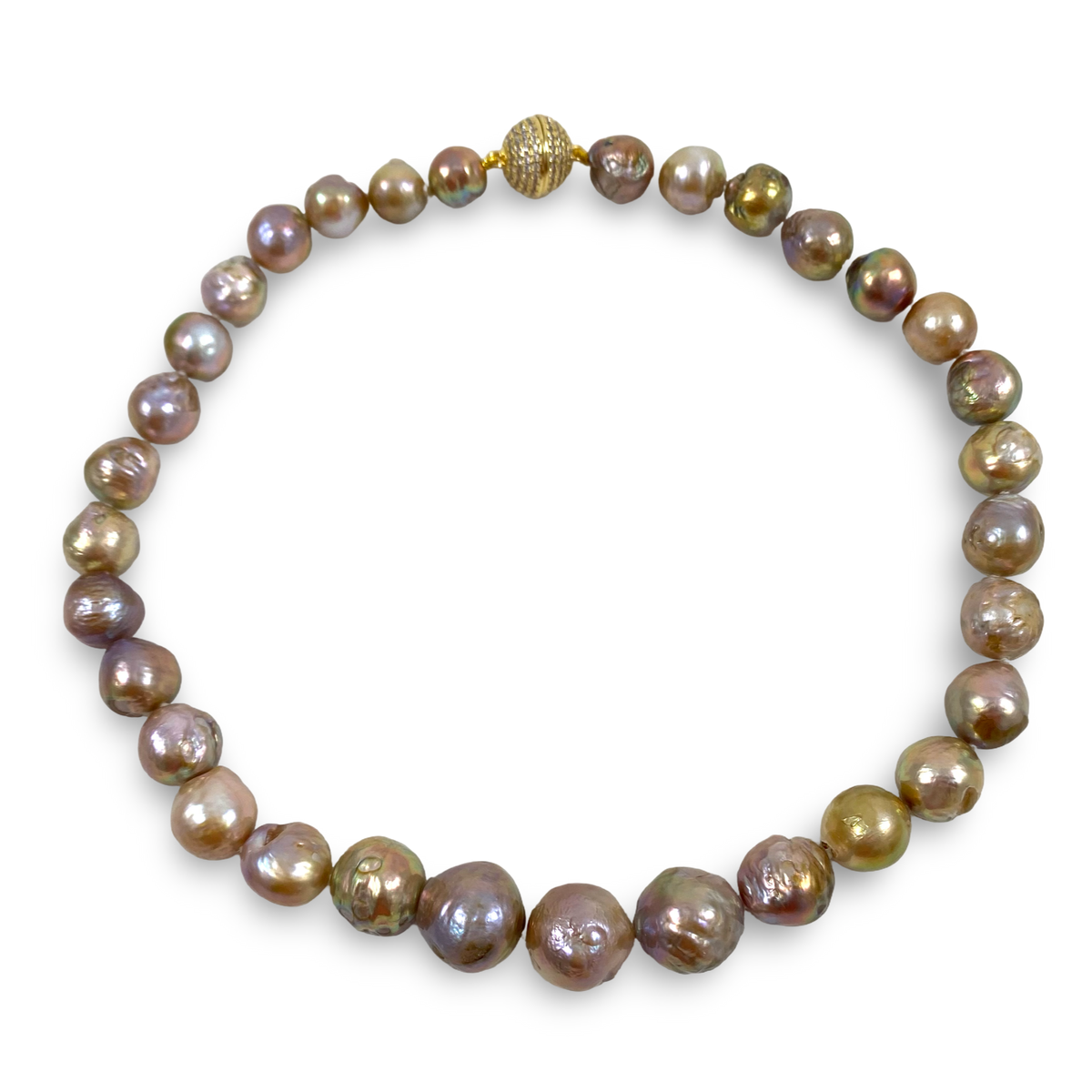 This edison pearl necklace with magnetic clasp features naturally wrinkled, avocado-shaped Edison freshwater pearls with a rich pink base and intense metallic overtones of green, gold, and rose. 