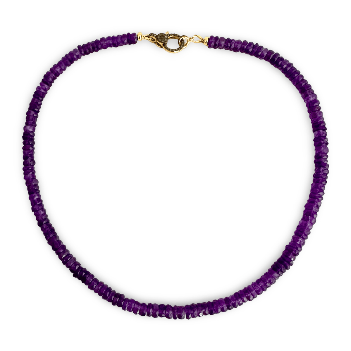 A beaded necklace made of small, faceted purple gemstone beads, featuring a gold-toned lobster clasp at the top, displayed on a clean white background.
