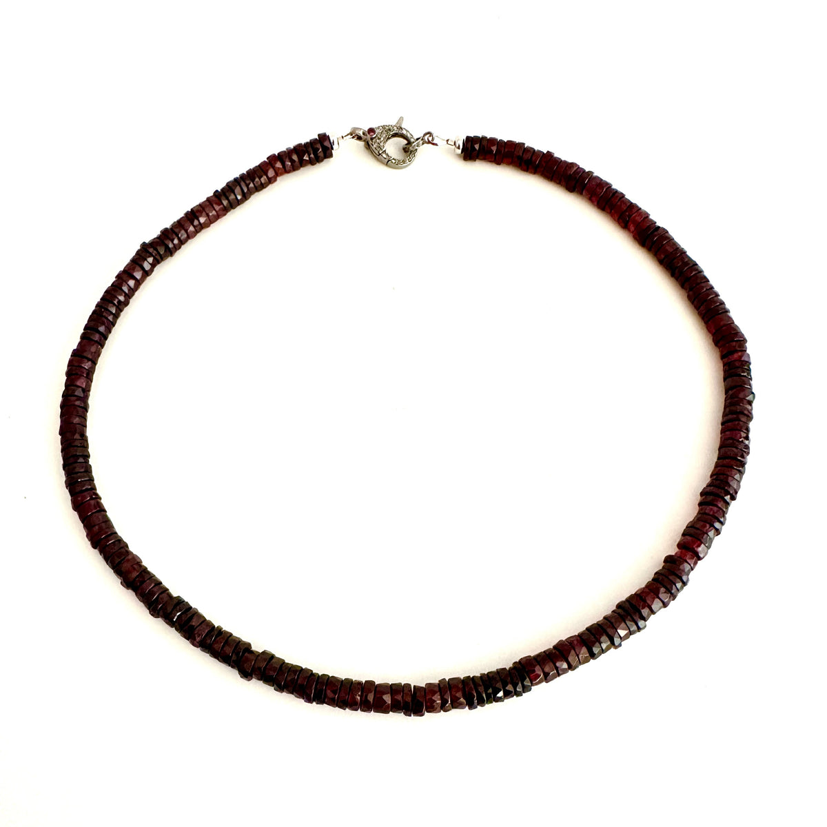 faceted red garnet beaded necklace with diamond pave silver lobster clasp