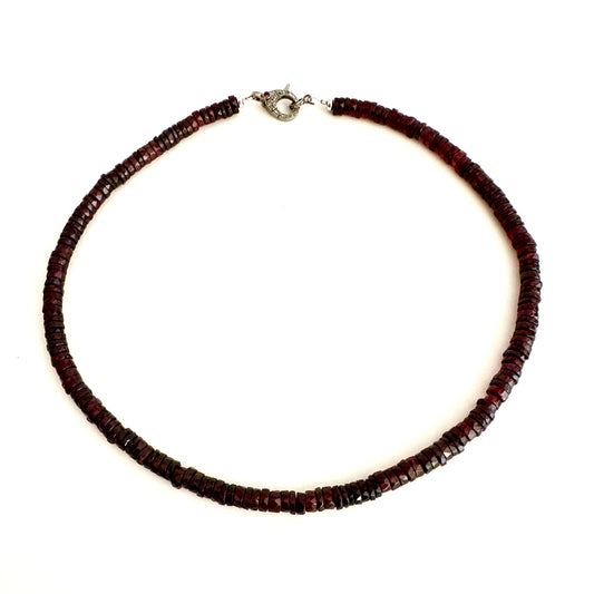 faceted red garnet beaded necklace with diamond pave silver lobster clasp