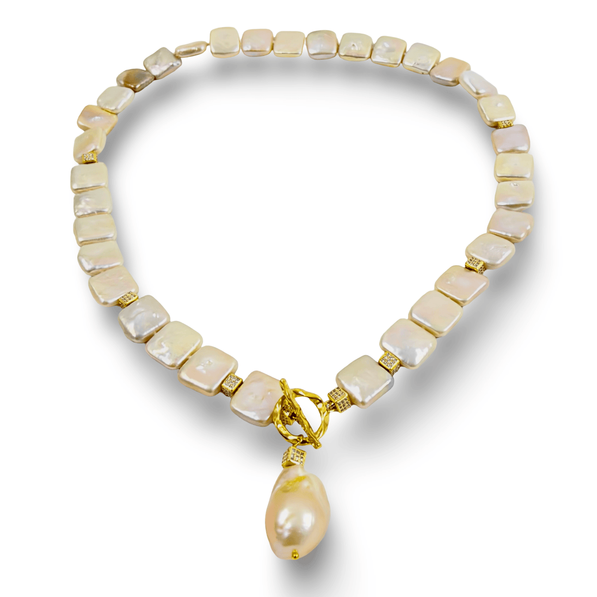 18 to 18.5 inches long gold square shaped pearls necklace with gold vermeil toggle clasp and baroque pear pendant