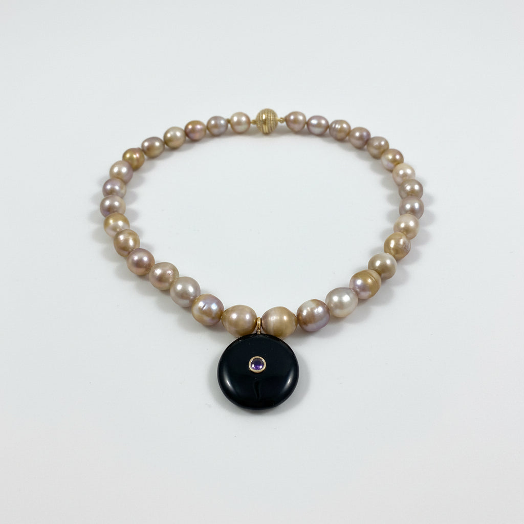 hand knotted freshwater gold pearls with black obsidian pendant