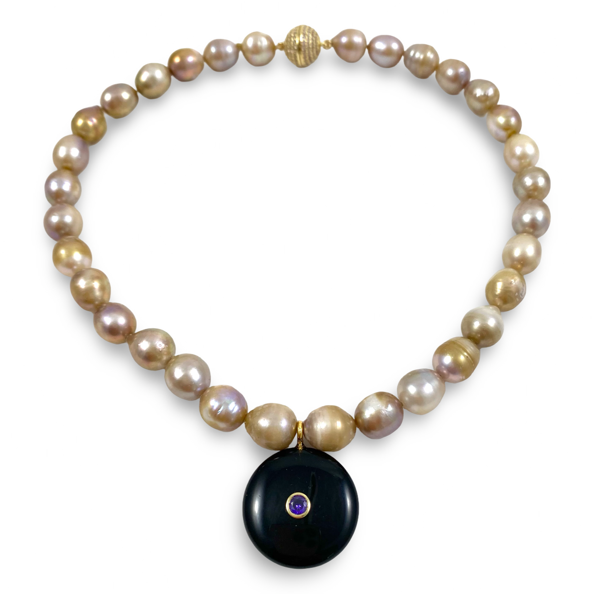 hand knotted freshwater_gold_pearls_with_black_obsidian_pendant