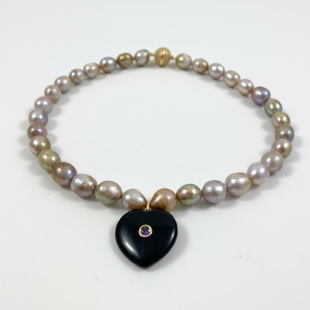 freshwater golden pearl necklace with black obsidian heart and cz pave magnetic clasp