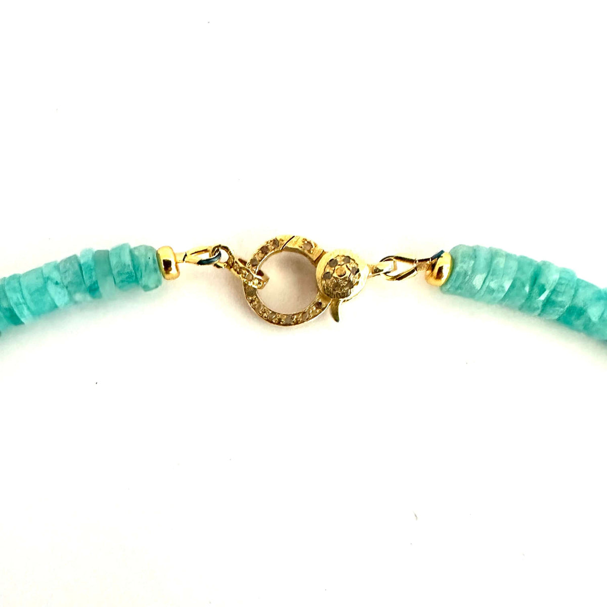 gold vermeil plated silver lobster clasp pave diamond showing the finishing of the amazonite necklace