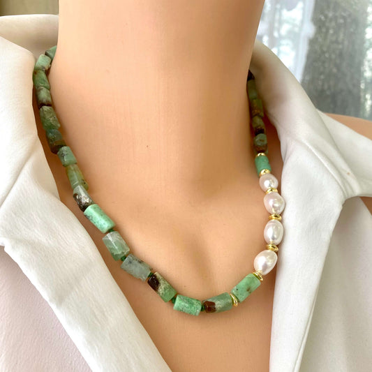 Chrysoprase Pearl Necklace displayed on a mannequin showcasing its light green chrysoprase beads and white freshwater pearls.