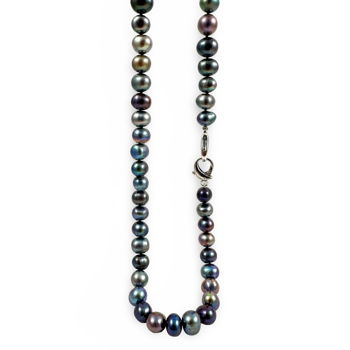 grey green peacock potato shape long necklace, hand knotted and finished with 2 sterling silver lobster clasps