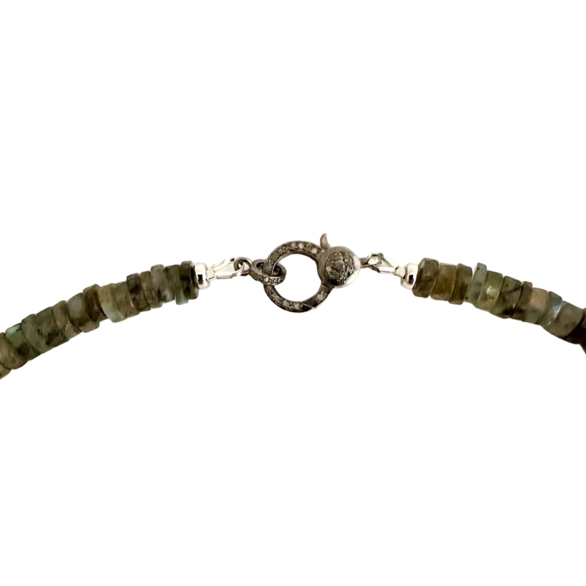 A close-up of a beaded necklace featuring textured olive green stone beads and a dark oxidized silver ring clasp, shown against a plain white background.