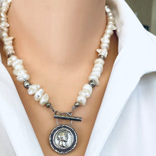 Charger l&#39;image dans la galerie, White Distressed Pearls Necklace with Repro Roman Coin Toggle Clasp, Sterling Silver, 20&quot;inches
